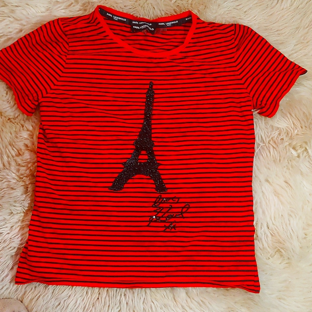 Karl Lagerfeld Paris Eiffel Tower tee 95% cotton 5% spandex.